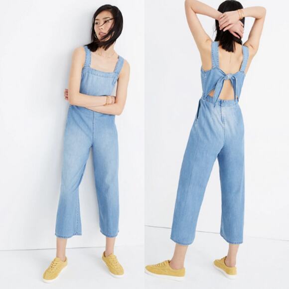 Madewell Womens Chambray Wide Leg Apron‎ Bow Back Cutout Denim Jumpsuit Size 0 - Picture 1 of 11